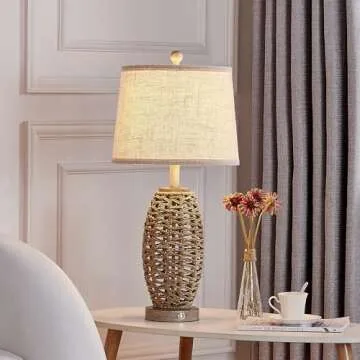 27" Rustic Rattan Touch Lamps Set with USB Charging Ports