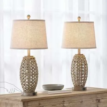 27" Rustic Rattan Touch Lamps Set with USB Charging Ports