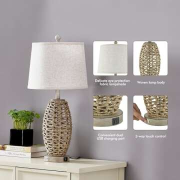 27” Natural Rattan Table Lamps Set of 2,Touch Switch,3-Way Dimmable Bedside Lamps, with A+C USB Charging Ports,Oatmeal Lampshade,Farmhouse Table Lamp for Bedroom, Living Room(2 Bulbs Included)