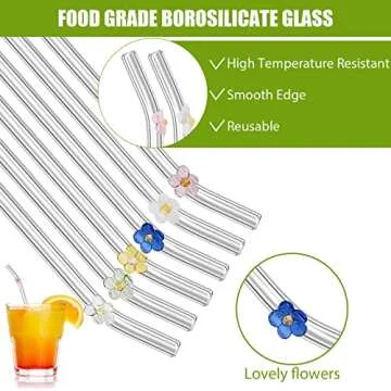 Reusable Glass Straw Shatter Resistant, Clear Glass Straws with Flowers, Cute Glass Straws for Smoothies and Normal Liquid Drinks, 6 Bent Straw with 2 Cleaner Brush