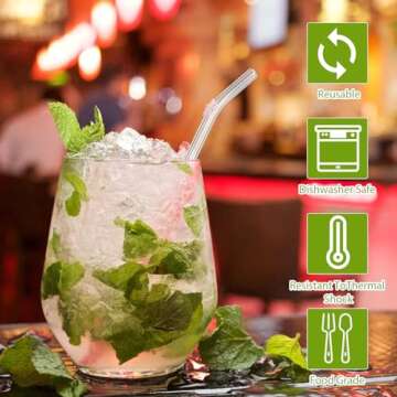 Reusable Glass Straw Shatter Resistant, Clear Glass Straws with Flowers, Cute Glass Straws for Smoothies and Normal Liquid Drinks, 6 Bent Straw with 2 Cleaner Brush