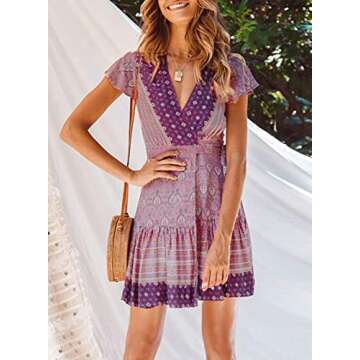 ZESICA Women's Summer Wrap V Neck Bohemian Floral Print Ruffle Swing A Line Beach Mini Dress,Lavende...