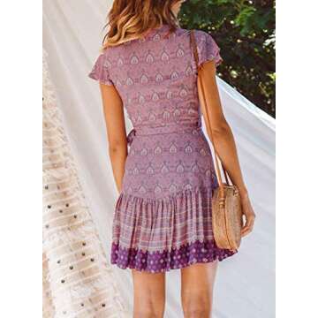 ZESICA Women's Summer Wrap V Neck Bohemian Floral Print Ruffle Swing A Line Beach Mini Dress,Lavender,Small