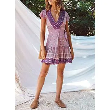 ZESICA Women's Summer Wrap V Neck Bohemian Floral Print Ruffle Swing A Line Beach Mini Dress,Lavender,Small