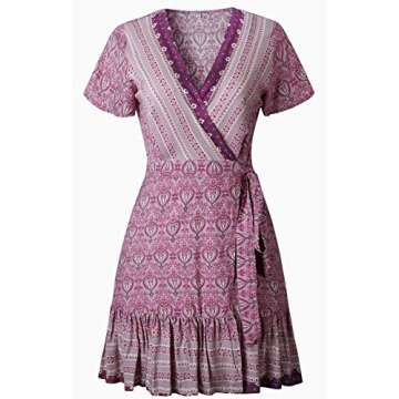 ZESICA Women's Summer Wrap V Neck Bohemian Floral Print Ruffle Swing A Line Beach Mini Dress,Lavender,Small