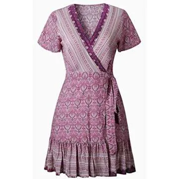 ZESICA Women's Summer Wrap V Neck Bohemian Floral Print Ruffle Swing A Line Beach Mini Dress,Lavender,Small