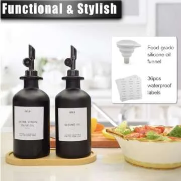 Gelury Olive Oil Dispenser for Kitchen, Oil Dispenser Bottle 13.8oz, Glass Oil and Vinegar Dispenser Set with Tray, Cooking Oil Dispenser Bottle, Soy Sauce Dispenser for Kitchen (Black)