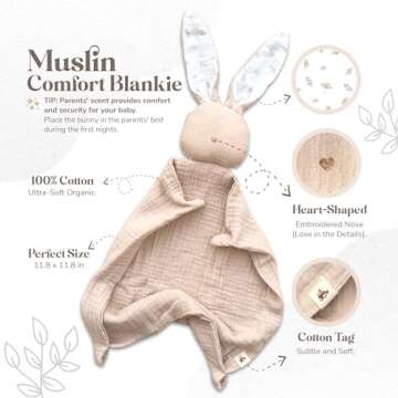Mikito Organic Cotton Baby Muslin Lovey Bunny - Oeko-TEX & GOTS Certified - Security Blanket & Perfect Loveys for Babies - Unisex New Baby Gift for Ultimate Comfort & Peaceful Dreams
