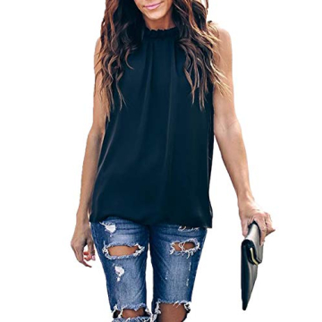 Allimy Women Summer Elegant Chiffon Tank Tops for Juniors Fashion 2024 Ruffle Blouses Plus Size Black XL