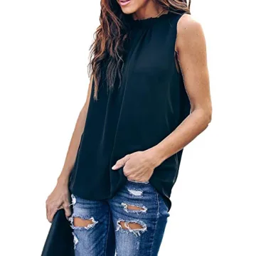Allimy Women Summer Elegant Chiffon Tank Tops for Juniors Fashion 2024 Ruffle Blouses Plus Size Black XL