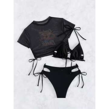 GORGLITTER Women's 3 Piece Halter Triangle Tie Side Bikini Swimsuit with Tropical Graphic Cover Up S...