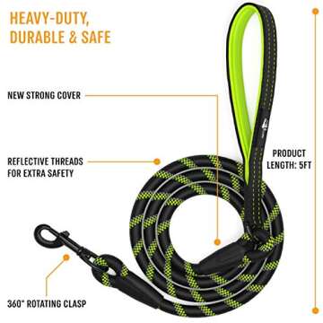 ACTIVE PETS Strong Dog Rope Leash with Soft Comfortable Padded Handle and Highly Reflective Threads, Dog Leash for Small Medium and Large Dogs, Puppy Leash for Training Running and Walking Green