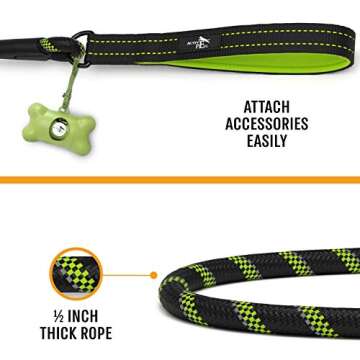 ACTIVE PETS Strong Dog Rope Leash with Soft Comfortable Padded Handle and Highly Reflective Threads, Dog Leash for Small Medium and Large Dogs, Puppy Leash for Training Running and Walking Green