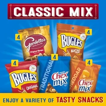 Classic Mix Snack Variety Pack, Bugles Original & Nacho Cheese, Gardetto’s Original Recipe, Chex Mix Traditional & Cheddar, 28 oz (20 Bags)