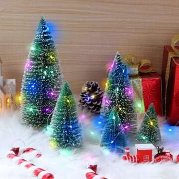 Tiny Christmas Trees, 4pcs Mini Artificial Xmas Sisal Snow Frost Tabletop Trees, Green Bottle Brush Trees with Wood Base, for Christmas Décor