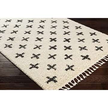 Hauteloom Alstead Farmhouse Swiss Cross Geometric Shag Area Rug - Fluffy High Pile Super Soft Rug with Tassels for Living Room, Bedroom, Dining Room - Cream, Beige, Black - 7'10" x 10' (8x10)