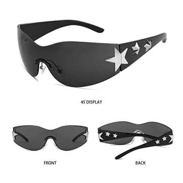 Haqptul Rimless Y2K Sunglasses Star Wrap Around Glasses 2000S Accessories for Women Men Trendy Fashion Cool Shield Shades (Black, Pink)