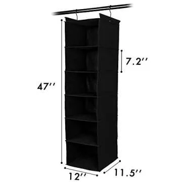 MAX Houser 6 Tier Shelf Hanging Closet Organizer, Closet Hanging Shelf with 2 Sturdy Hooks for Storage, Foldable (Black)
