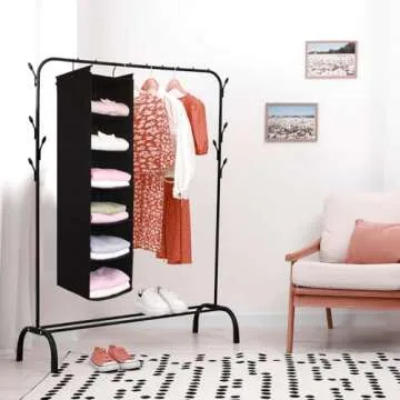 MAX Houser 6 Tier Shelf Hanging Closet Organizer, Closet Hanging Shelf with 2 Sturdy Hooks for Storage, Foldable (Black)