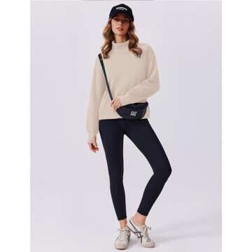 PINSPARK Sweatshirts for Womens 2024 Long Sleeve Turtleneck Fall Outfits No Hood Pullover Tops with Pockets Thumb Hole,Apricot Medium