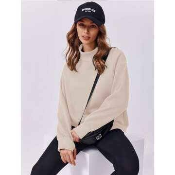 PINSPARK Sweatshirts for Womens 2024 Long Sleeve Turtleneck Fall Outfits No Hood Pullover Tops with Pockets Thumb Hole,Apricot Medium