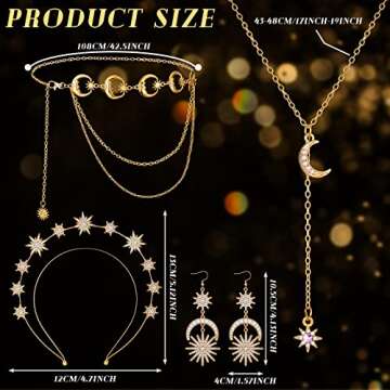 Glenmal 4 Pieces Halo Crown Moon Stars Necklaces and Body Chain Halo Tiaras Headband Headpiece Drop Earrings for Women(Gold)