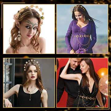 Glenmal 4 Pieces Halo Crown Moon Stars Necklaces and Body Chain Halo Tiaras Headband Headpiece Drop Earrings for Women(Gold)