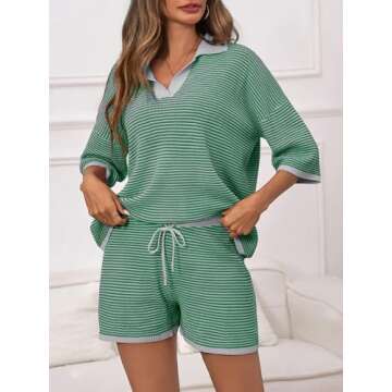 Tankaneo Womens Sweater Set 2 Piece Outfits Oversized 3/4 Sleeve V Neck Knit Tops High Waisted Shorts Lounge Sets