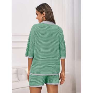 Tankaneo Womens Sweater Set 2 Piece Outfits Oversized 3/4 Sleeve V Neck Knit Tops High Waisted Shorts Lounge Sets