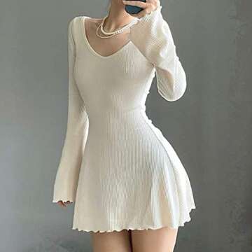 GOOCHEER Bodycon Mini Dress for Women - Sexy Knit Long Sleeve Ruched Dress