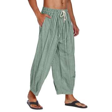 COOFANDY Men's Cotton Linen Harem Pants Drawstring Casual Cropped Trousers Lightweight Loose Beach Y...