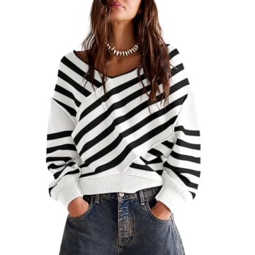 Saodimallsu Women's Stylish Striped V Neck Pullover - Cozy and Chic Sweater