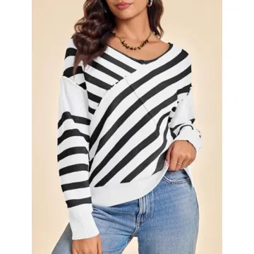Saodimallsu Women’s Striped V Neck Sweater - Cozy Style