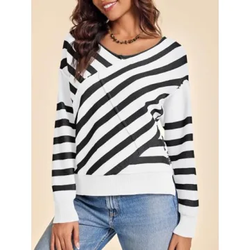 Saodimallsu Women’s Striped V Neck Sweater - Cozy Style