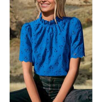 PRETTYGARDEN Summer Tops for Women 2025 Trendy Short Sleeve Eyelet Embroidered Dressy Casual Blouse Shirts (Brilliant Blue,Small)
