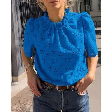 PRETTYGARDEN Summer Tops for Women 2025 Trendy Short Sleeve Eyelet Embroidered Dressy Casual Blouse Shirts (Brilliant Blue,Small)