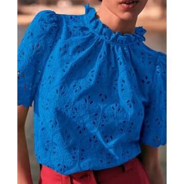 PRETTYGARDEN Summer Tops for Women 2025 Trendy Short Sleeve Eyelet Embroidered Dressy Casual Blouse Shirts (Brilliant Blue,Small)