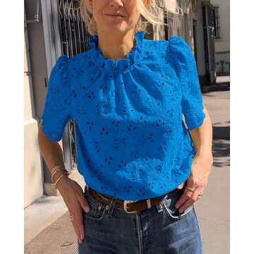 PRETTYGARDEN Summer Tops for Women 2025 Trendy Short Sleeve Eyelet Embroidered Dressy Casual Blouse Shirts (Brilliant Blue,Small)