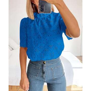 PRETTYGARDEN Summer Tops for Women 2025 Trendy Short Sleeve Eyelet Embroidered Dressy Casual Blouse Shirts (Brilliant Blue,Small)