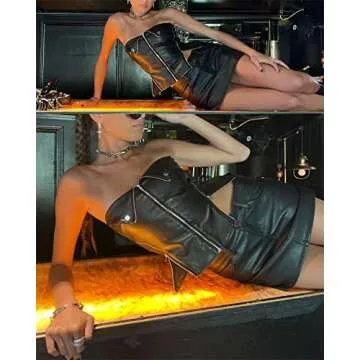 Women Sexy Y2K PU Leather Low Cut Bandeau Zipper Up Slim Fit Backless Strapless Tube Crop Tops Solid Color Fairy Summer Streetwear Black