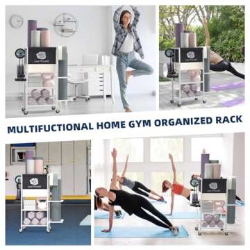 Lovind Yoga Mat Storage Rack，Home Gym Storage Rack Gym Workout Equipment Storage Organizer on Wheels for Yoga Mat,Yoga Block,Foam Roller,Resistance Band,Dumbbell,Kettlebell (White)