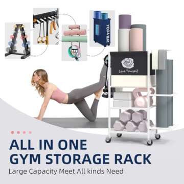 Lovind Yoga Mat Storage Rack，Home Gym Storage Rack Gym Workout Equipment Storage Organizer on Wheels for Yoga Mat,Yoga Block,Foam Roller,Resistance Band,Dumbbell,Kettlebell (White)