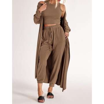 KIRUNDO Women Spring 3 Piece Outfits Casual Fall Long Sleeve Long Cardigan Sleeveless Crop Top Drawstring Pants Lounge Sets(Khaki, XX-Large)