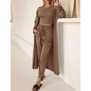KIRUNDO Women Spring 3 Piece Outfits Casual Fall Long Sleeve Long Cardigan Sleeveless Crop Top Drawstring Pants Lounge Sets(Khaki, XX-Large)