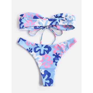 MakeMeChic Women's 2 Pieces Bandeau Bikini Swimsuits Tie Front High Waist Bathing Suit Floral Blue S