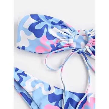 MakeMeChic Women's 2 Pieces Bandeau Bikini Swimsuits Tie Front High Waist Bathing Suit Floral Blue S