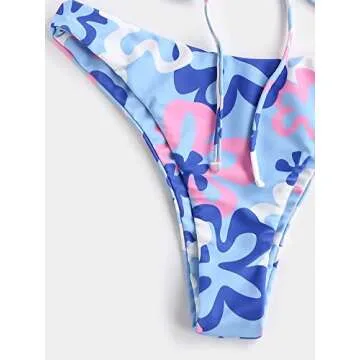 MakeMeChic Women's 2 Pieces Bandeau Bikini Swimsuits Tie Front High Waist Bathing Suit Floral Blue S