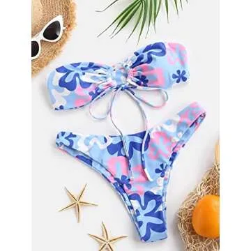 MakeMeChic Women's 2 Pieces Bandeau Bikini Swimsuits Tie Front High Waist Bathing Suit Floral Blue S