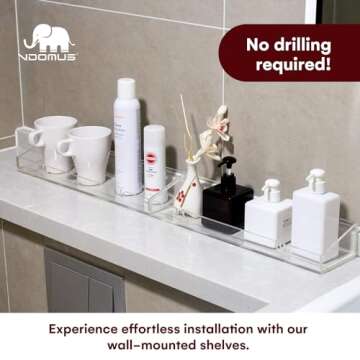 Vdomus Acrylic Bathroom Shelves, Set of 2 - 4"Dx15"Wx2.25"H Thick Wall Mounted Floating Shelves - Clear Storage and Display Shelving for Bathroom or Kitchen - No Drill Transparent Shower Organizer