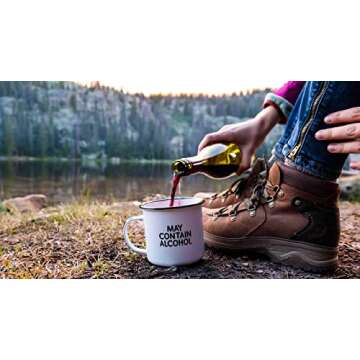 MAY CONTAIN ALCOHOL | Enamel"Coffee" Mug | Sarcastic Gift for Vodka, Gin, Bourbon, Wine and Beer Lovers | Great Office or Camping Cup for Dads, Moms, Campers, Tailgaters, Drinkers, and Travelers